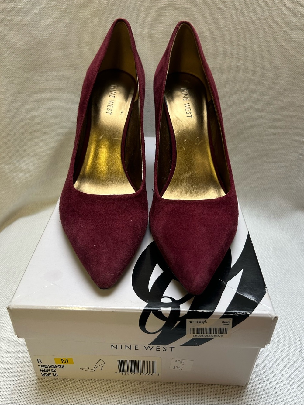 NINE WEST FLAX WINE BURGUNDY SUEDE POINTED TOE PUMPS 8